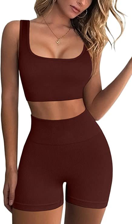 FAFOFA Workout Sets for Women 2 Piece Seamless Ribbed Crop Tank High Waist Shorts Yoga Outfits | Amazon (US)