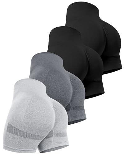 CHRLEISURE Women's 4 Packs Workout Gym Shorts, High Waisted Butt Lifting Scrunch Butt Seamless Booty Shorts(Black,Black,DGray,LGray,M) | Amazon (US)