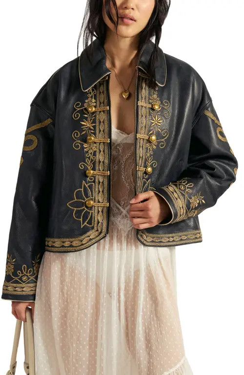 Free People Lana Embroidered Leather Jacket in Black at Nordstrom, Size Medium | Nordstrom