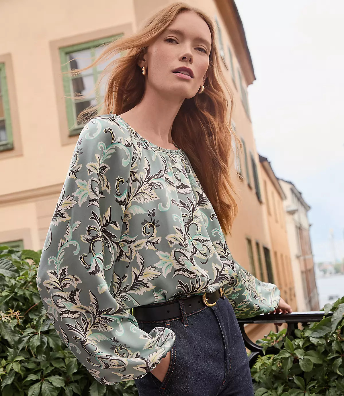 Vine Satin Shirred Blouse | LOFT