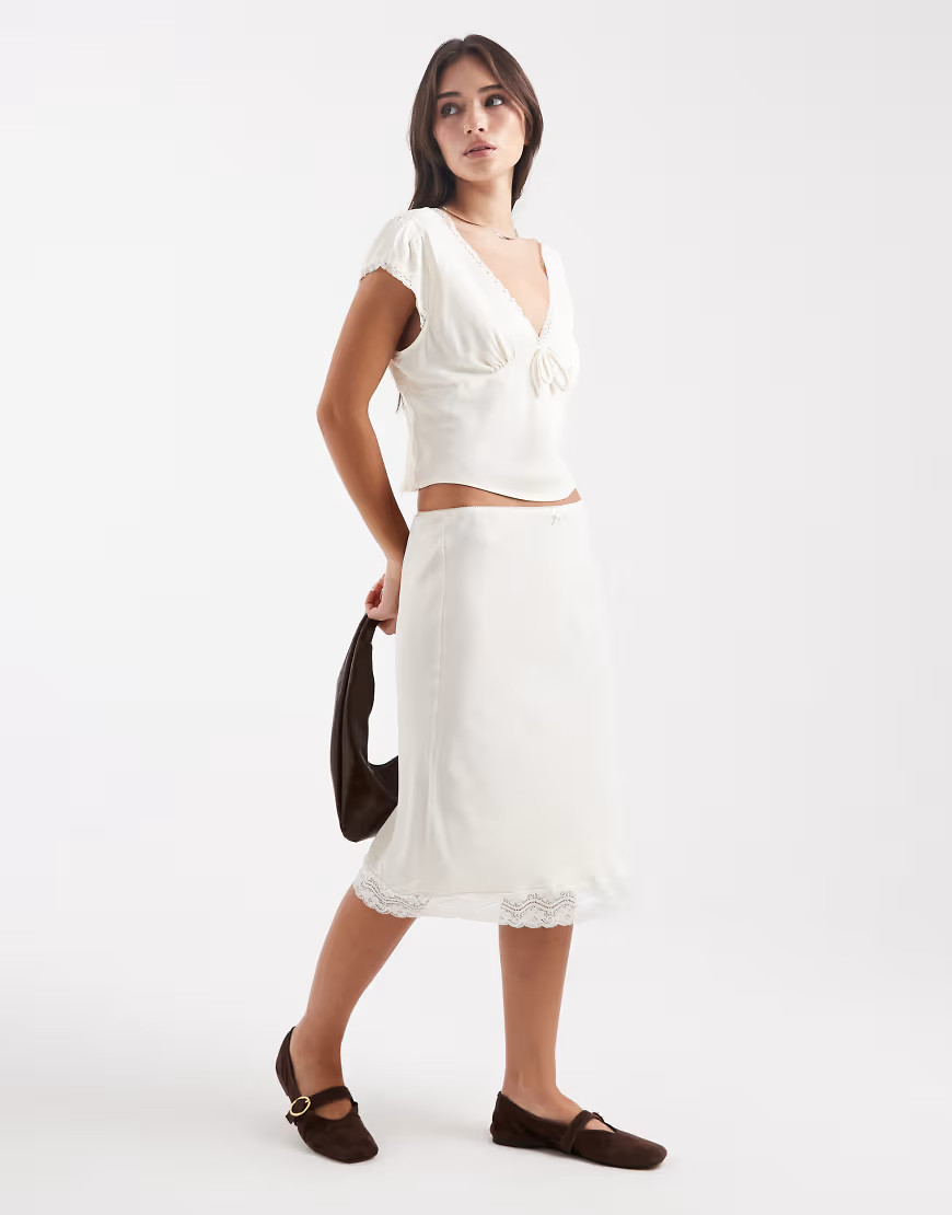 ASOS DESIGN lace trim satin co-ord midi skirt in ivory-White | ASOS (Global)