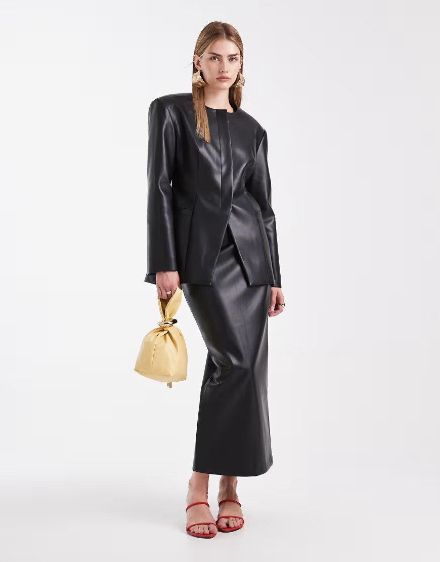 ASOS DESIGN faux leather tailored pencil maxi skirt in black | ASOS (Global)