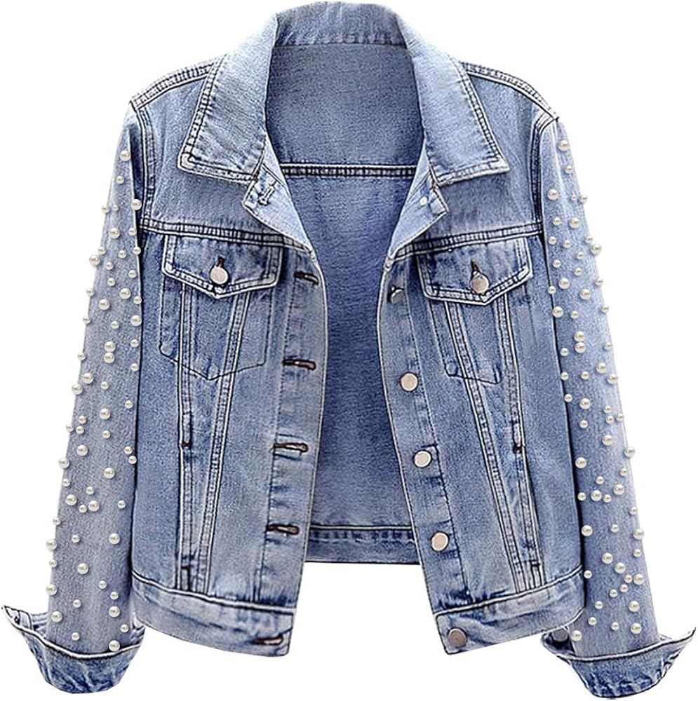 SCOFEEL Women's Oversized Distressed Denim Jacket with Pearls | Amazon (US)