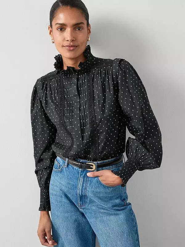 The Very Collection Polka Dot Frill High Neck Detail Blouse - Black | Very (UK)