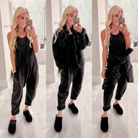 Coziest travel outfit. I have this romper in the short version too. I absolutely LUV it! You will live in this thing! (Runs large, wearing an XS.). Also finally bought this popular free people quilted jacket everyone raves about. Super soft and comfy. And my ugg slip ons are on major sale! 

#LTKunder100 #LTKSeasonal #LTKtravel