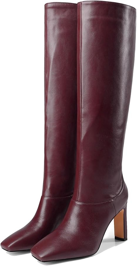 YIYA Cherry Red Boots for Fall Square Toe Chunky High Heels Dark Red Knee High Long Boots Pull On | Amazon (US)
