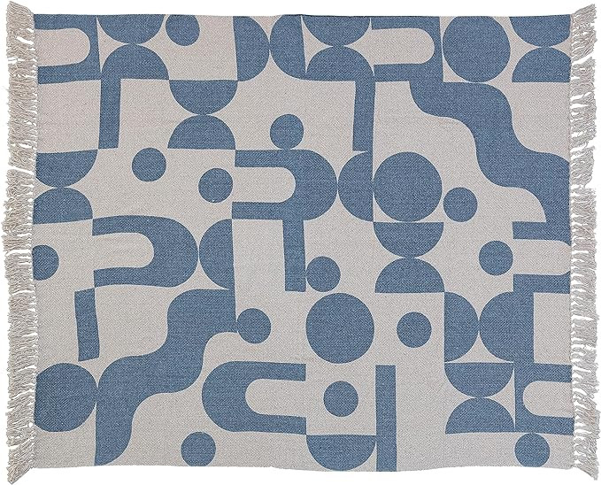 Bloomingville Woven Reclaimed Cotton Blend Printed Sheet with Abstract Design and Fringe, Blue an... | Amazon (US)