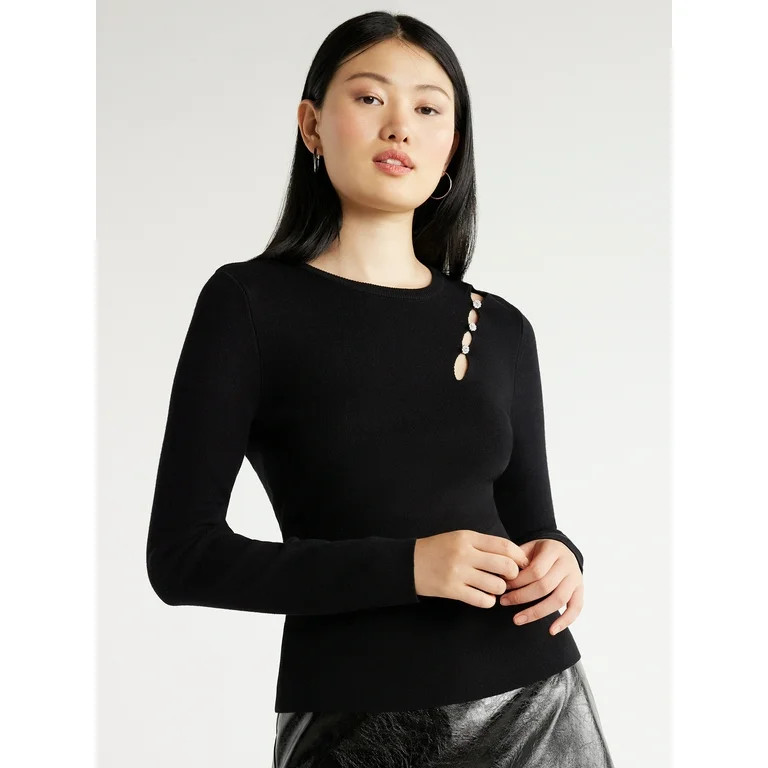Scoop Women’s Rhinestone Peek-a-Boo Sweater, Sizes XS-XXL | Walmart (US)