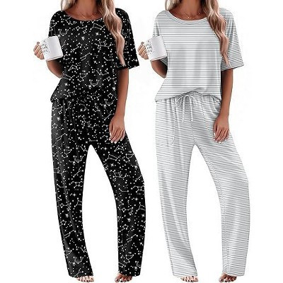 Ekouaer 2 Pack Womens Pajama Sets Short Sleeve Tops and Long Pants Casual Comfy Pjs Lounge Set with Pockets Grey Striped/Black Stars M | Target