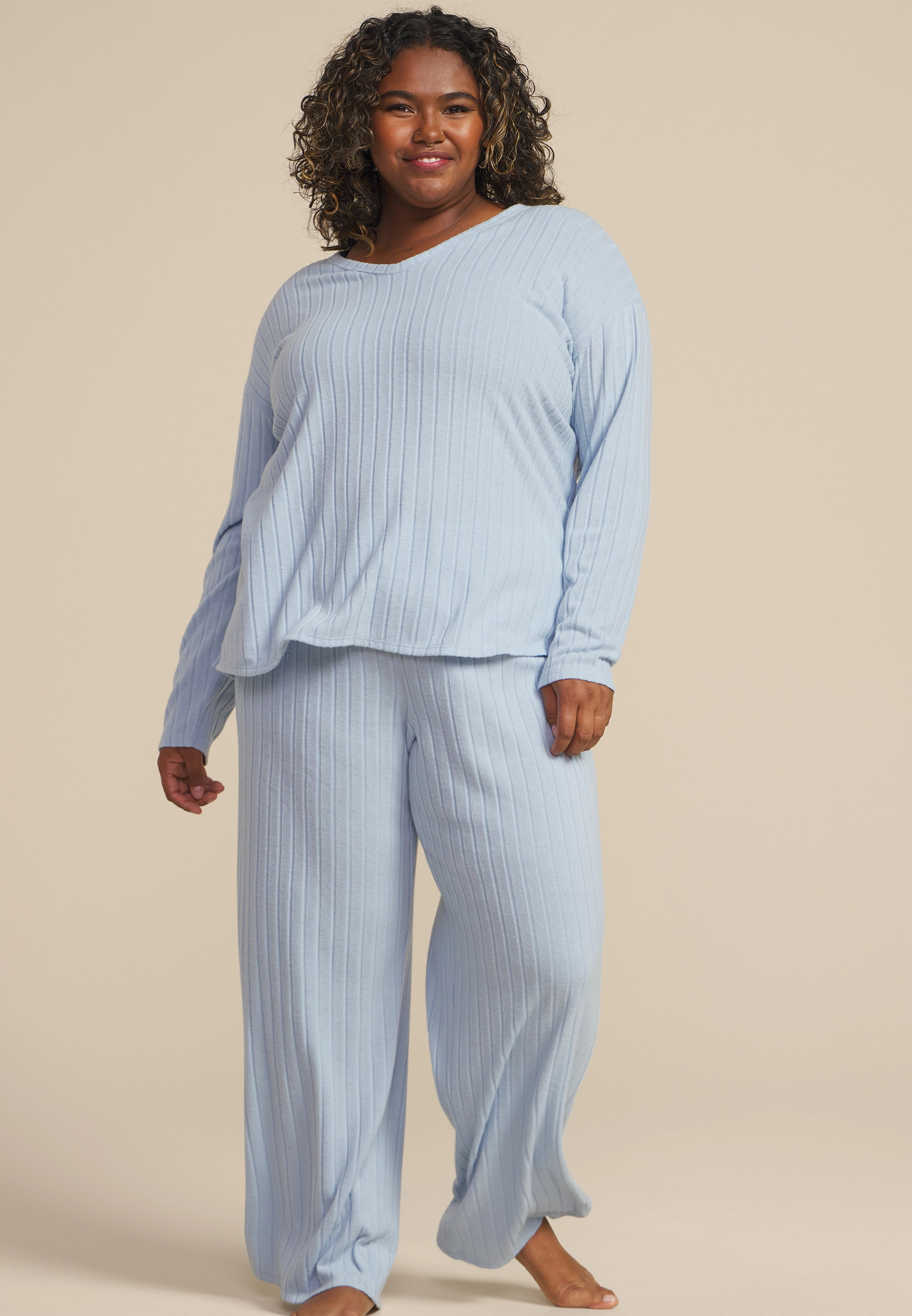 Maurices 3X Plus Size Women's Cozy Wide Ribbed Long Sleeve Tee & Wide Leg Pajama Set Blue | Maurices