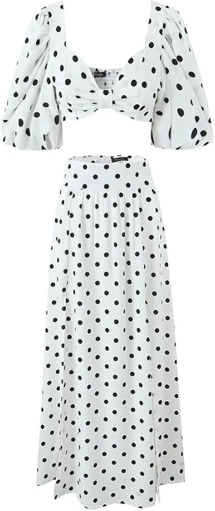 THLAI 2 Piece Outfits for Women Polka Dot Puff Sleeve Crop Top Long Flared Skirt Set Cut Business... | Amazon (US)