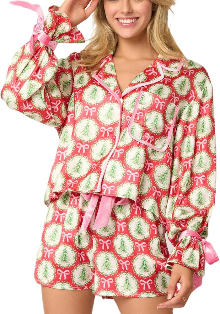 Women Cute Christmas Pajamas 2 Piece Lounge Set Long Sleeve Shirts and Shorts Y2k Pajama Sets Sle... | Amazon (US)