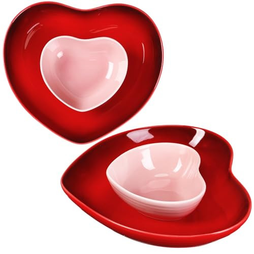 Tioncy 2 Set Heart Shaped Bowls and Plates Set Ceramic Valentine Dinnerware Dish Bowls Dinner Salad Dessert Appetizer Plates for Valentine Wedding Anniversary Baking Kitchen Party Supplies(Red, Pink) | Amazon (US)