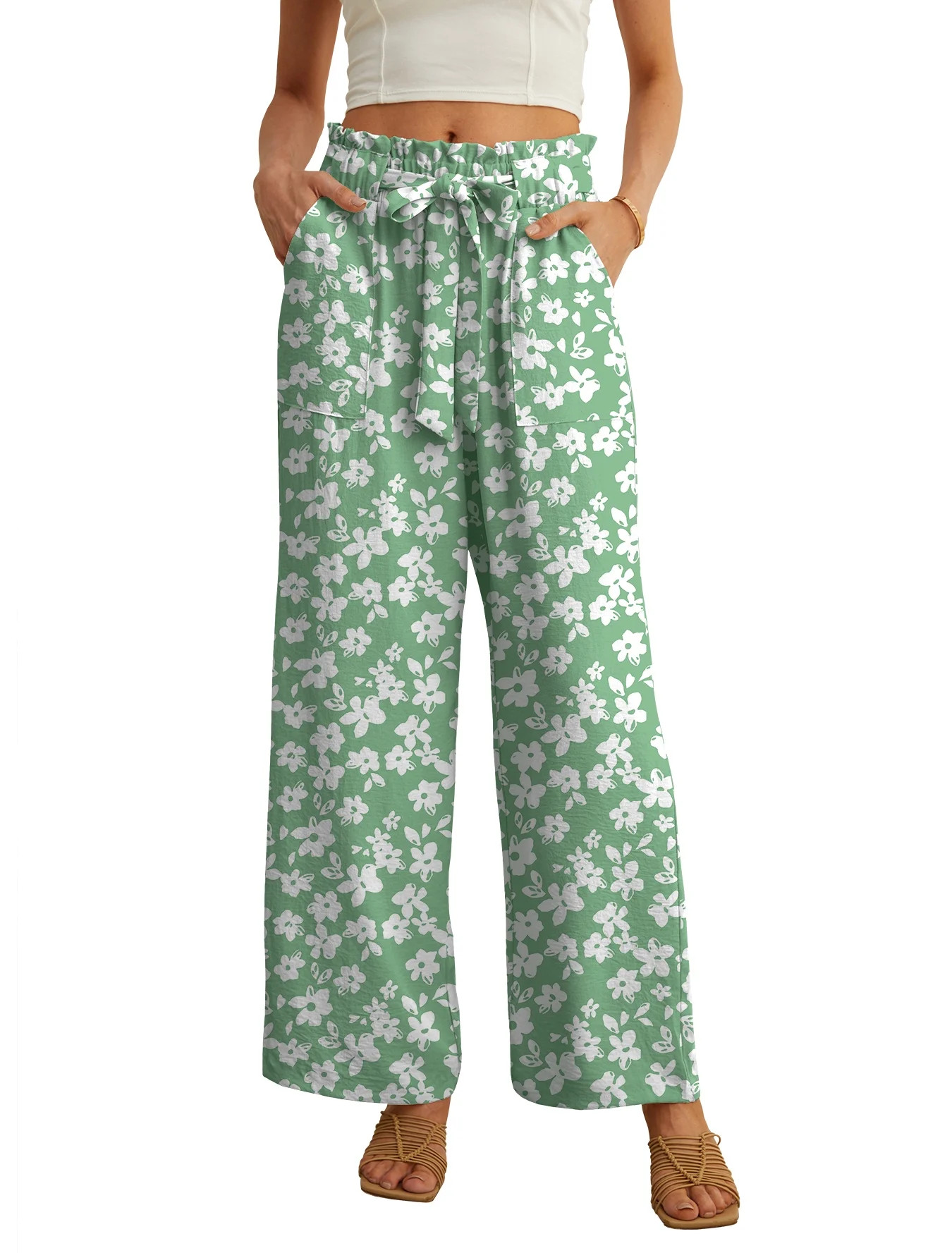 JWD Women's Wide Leg Pants With Pockets High Waist Adjustable Knot Loose Casual Trousers Business... | Walmart (US)