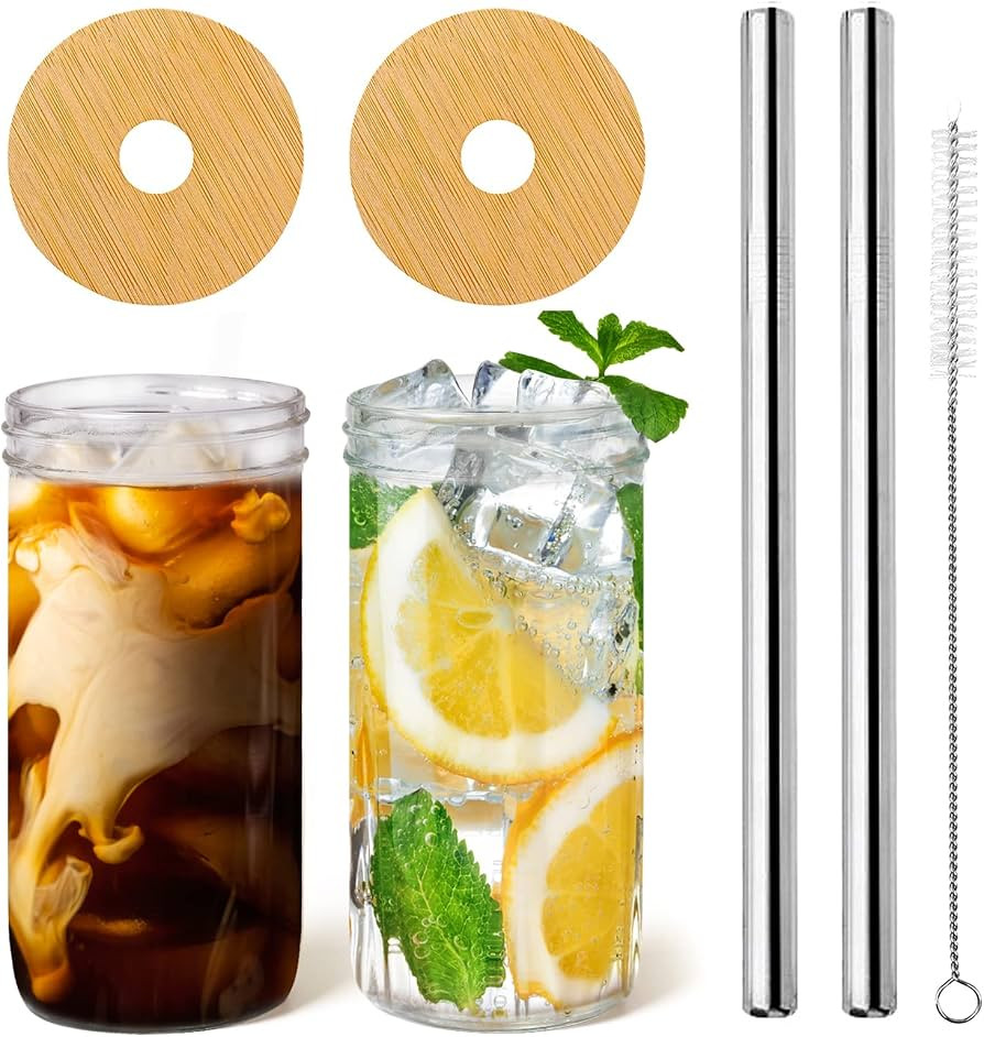 Fenspeed 2pcs Mason Jars with Lids and Straws Glass Cups Wide Mouth Mason Jar Drinking Glasses Se... | Amazon (US)