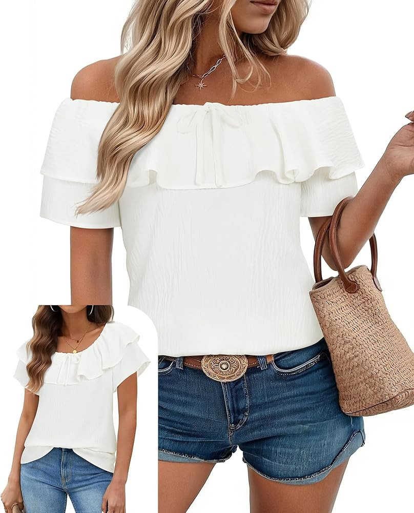 Uhiger Off The Shoulder Tops for Women Boat Neck Blouses Casual Ruffle Short Sleeve Shirts Chiffo... | Amazon (US)