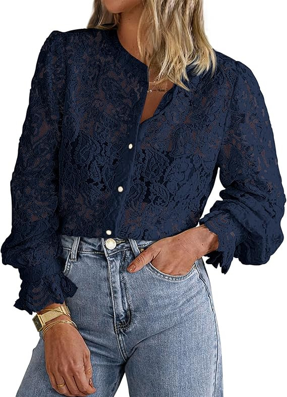 PRETTYGARDEN Women's Dressy Casual Lace Blouse Long Sleeve Button Up Shirts Tops Fall Fashion Clo... | Amazon (US)