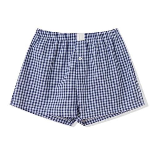 Y2k Women Plaid Gingham Boxer Shorts Wide Leg Checkered Striped Pajama Boxers Low Rise Lounge Pj Bottoms Sleep (Dark Blue, S) | Amazon (US)