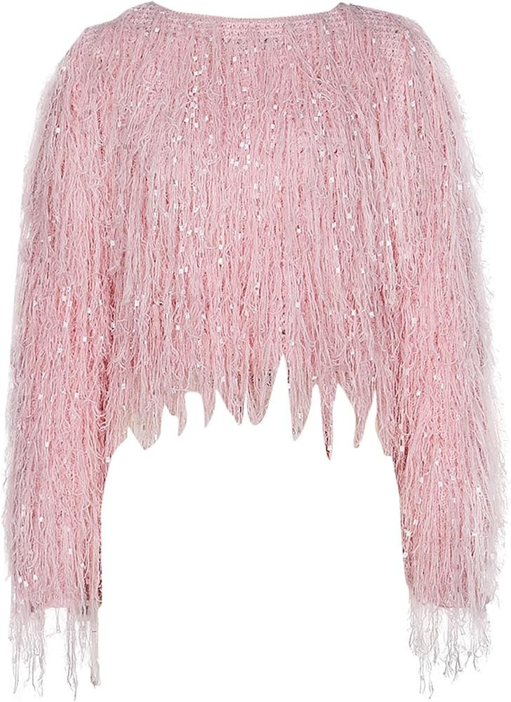 Womens Fashion Pullover Sweaters Faux Fringe Oversized Crop Tops Outwear Long Sleeve Fall Winter ... | Amazon (US)