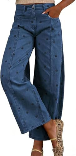 Women's Y2k Polka Dot Printed Barrel Jeans Casual Boyfriend Baggy Wide Leg Mid Rise Denim Ankle P... | Amazon (US)