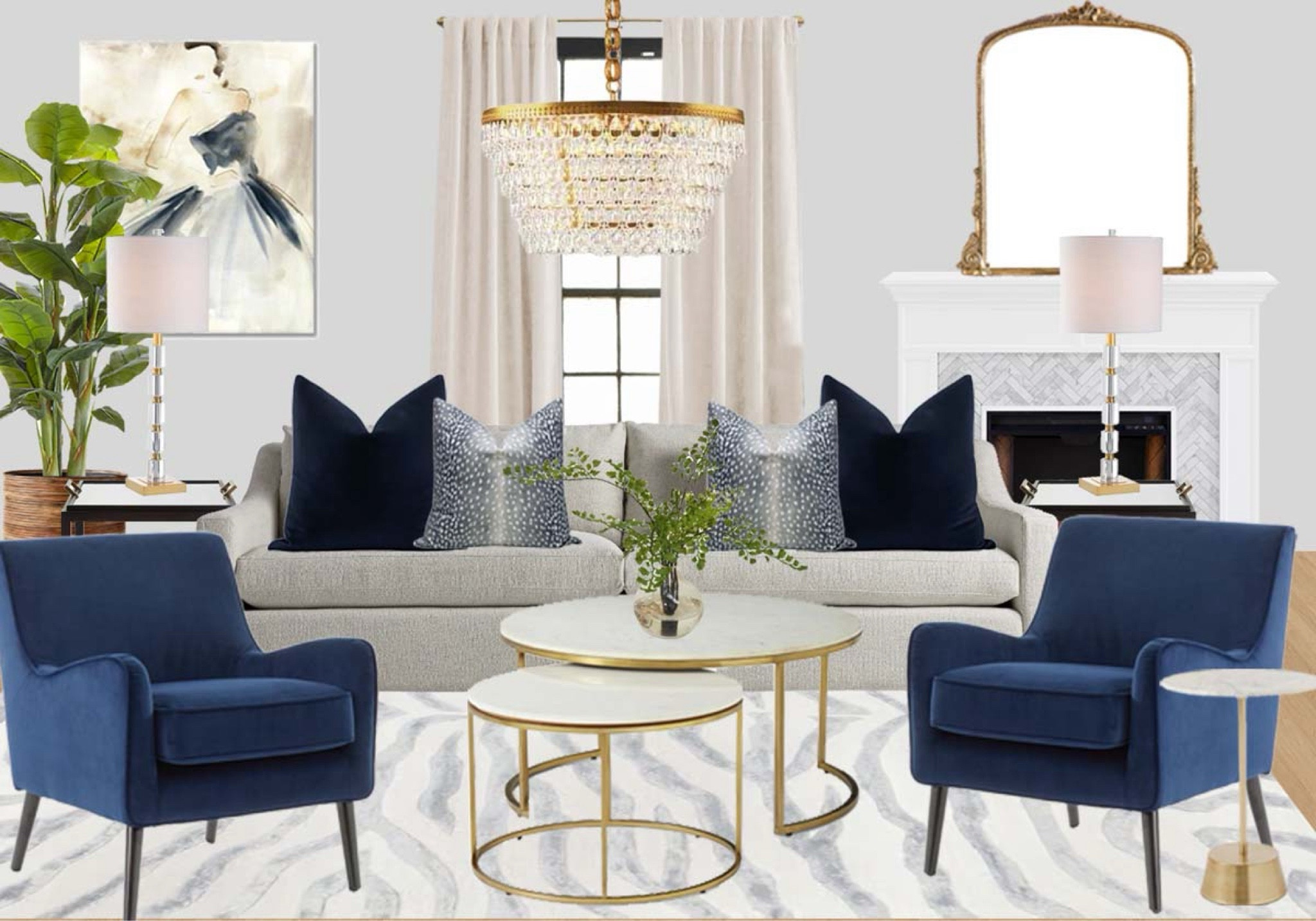 Transitional Style Living Room Makeover // 1. Crypton Sofa // 2. Crystal Chandelier // 3. Navy Blue Velvet Pillow // 4. Antelope Linen Print Pillow // 5. Round Marble Nesting Coffee Tables // 6. Crystal Table Lamp // 7. Parisian Side Table // 8. Gleaming Primrose Mirror // 9. Performance Velvet Armchair // 10. Marble Gold Side Table // 11. Zebra Print Area Rug

#LTKhome #LTKstyletip #LTKover40