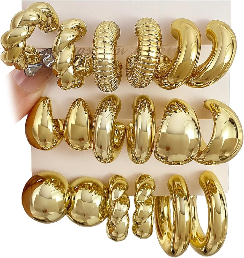 IFKM 24 Pairs Gold Hoop Earrings Set for Women Hypoallergenic Chunky Chain Twisted Open Hoops Dan... | Amazon (US)