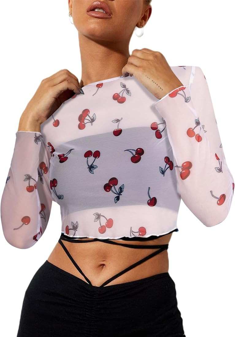 Remidoo Women's Mesh Tops Long Sleeve Crop Top Crewneck Tie Dye Cropped T Shirt | Amazon (US)