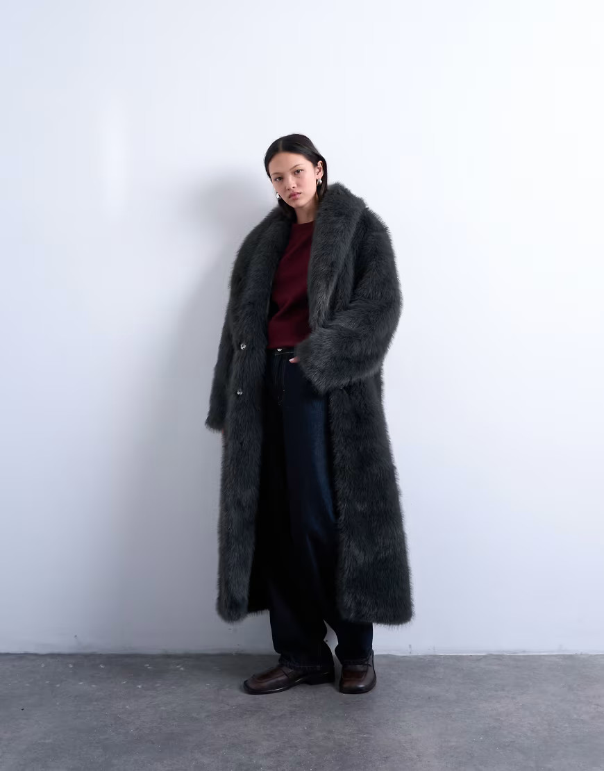 Topshop faux fur oversized shawl extra long coat in charcoal-Gray | ASOS (Global)