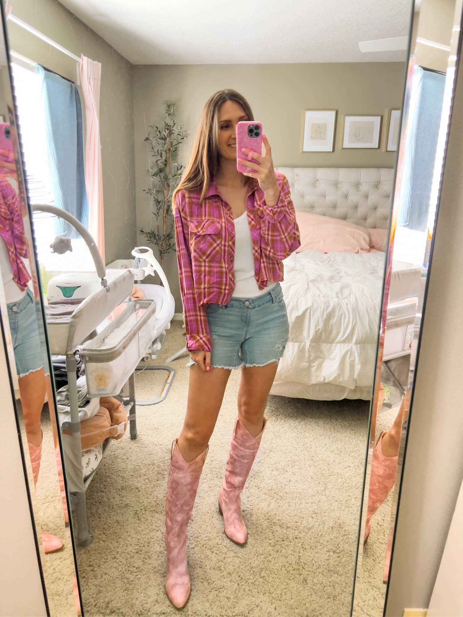 Country Barbie outfit. Pink plaid shirt. Pink cowboy boots 

**siizng:
Plaid: m, fits oversized. I couldn’t went with a small.
Shorts: small, fit tts
Boots: 8.5 fit tts 



#LTKunder50 #LTKstyletip #LTKshoecrush