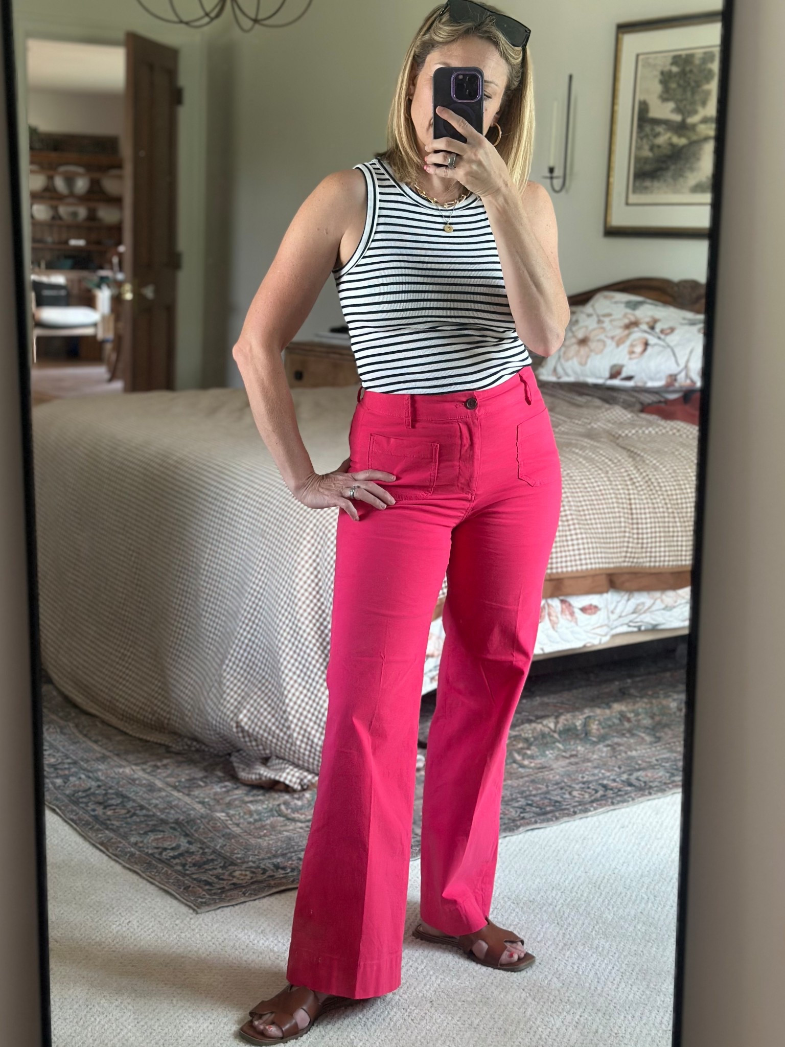 J.Crew factory, summer outfit, Lizzie high-rise patch-pocket wide-leg pant, black and white Striped ribbed tank top, gold, initial necklace, gold chain, necklace, thick, gold chain, necklace, brown, leather sandals, target, sandals, cognac Women's Nina Slide Sandals - A New Day