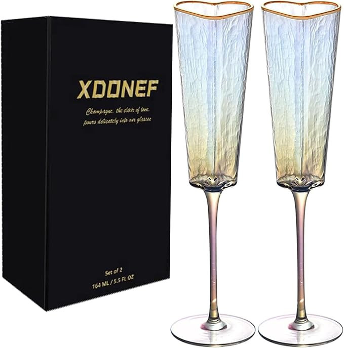 Heart Shaped Champagne Flutes Set of 2 Unique Wedding Toasting Glasses for Bride and Groom Golden... | Amazon (US)