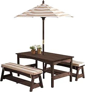 KidKraft Outdoor Wooden Table & Bench Set with Cushions and Umbrella, Kids Backyard Furniture, Es... | Amazon (US)