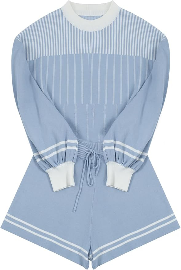 Gihuo Women' s Striped 2 Piece Outfits Crewneck Knit Pullover Sweater Shorts Set | Amazon (US)