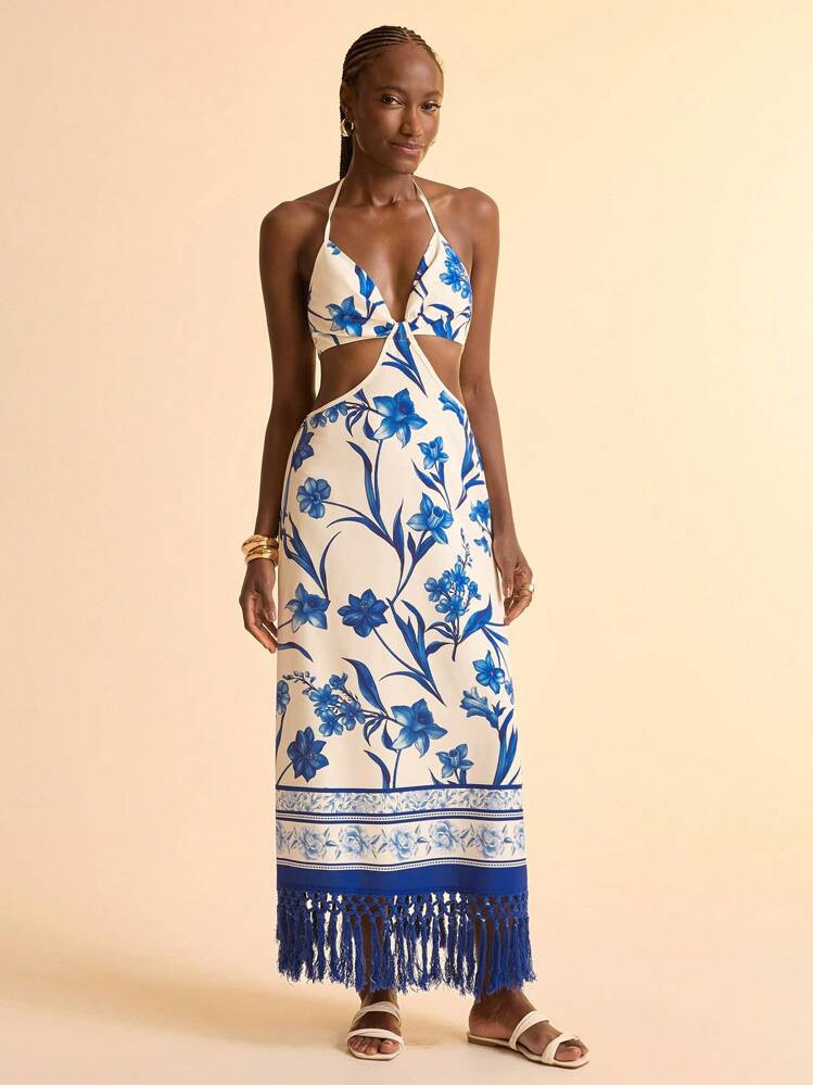 CAJUNI Vacation Casual Fringe Printed Hollow-Out Long Dress For Women | SHEIN