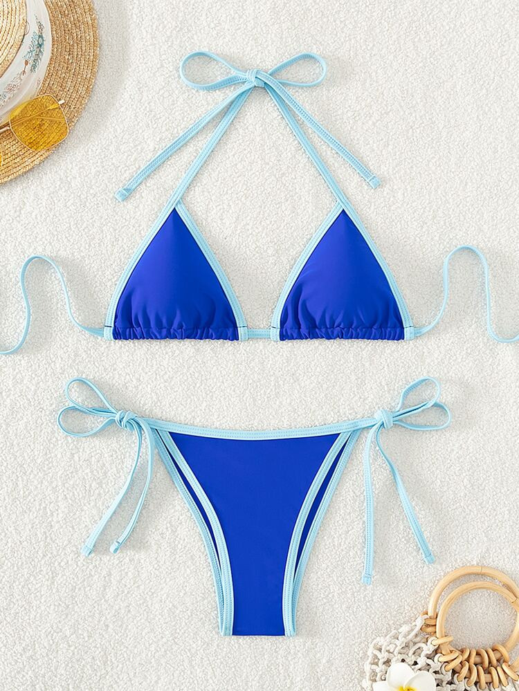 Contrast Binding Triangle Thong Bikini Swimsuit | SHEIN