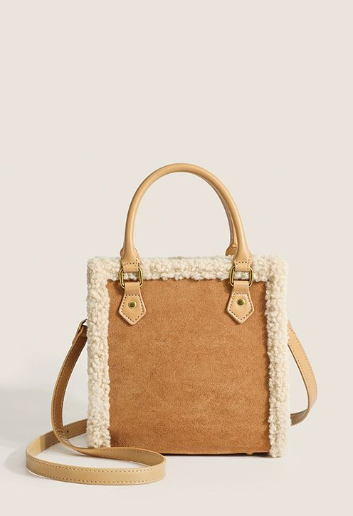 Contrast Lambswool Trim Shoulder Bag in Caramel | Chicwish