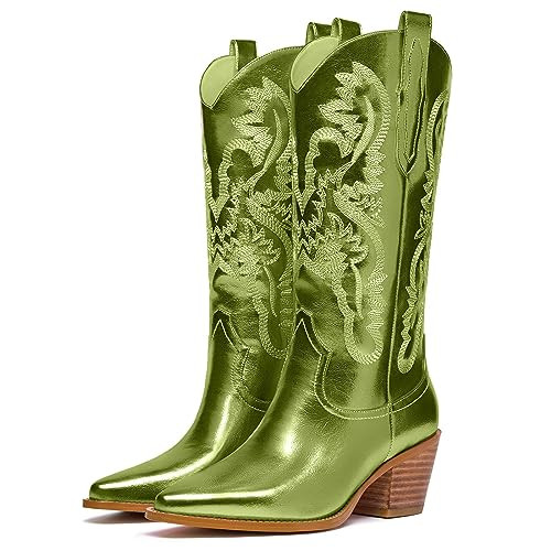 KEEISEA Green Cowboy Boots Metallic Cowboy Boots Green Boots for Women Green Cowgirl Boots Wide Calf Cowboy Boots Green Size 11 | Amazon (US)