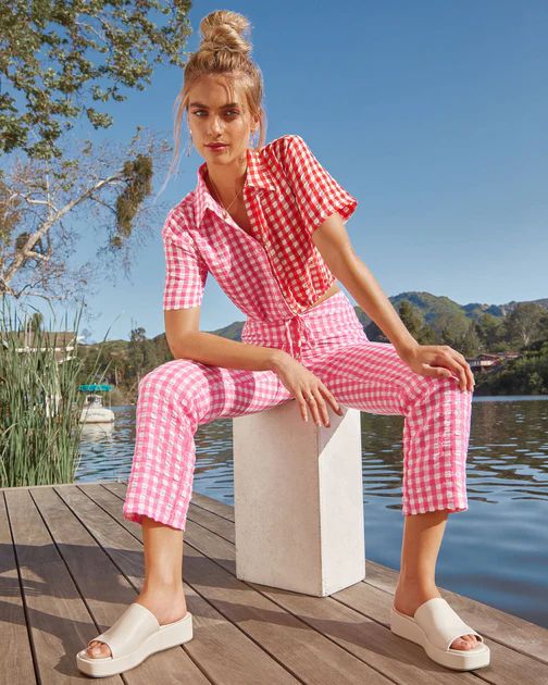 Kamala Gingham Textured Straight Leg Pants - Pink | VICI Collection