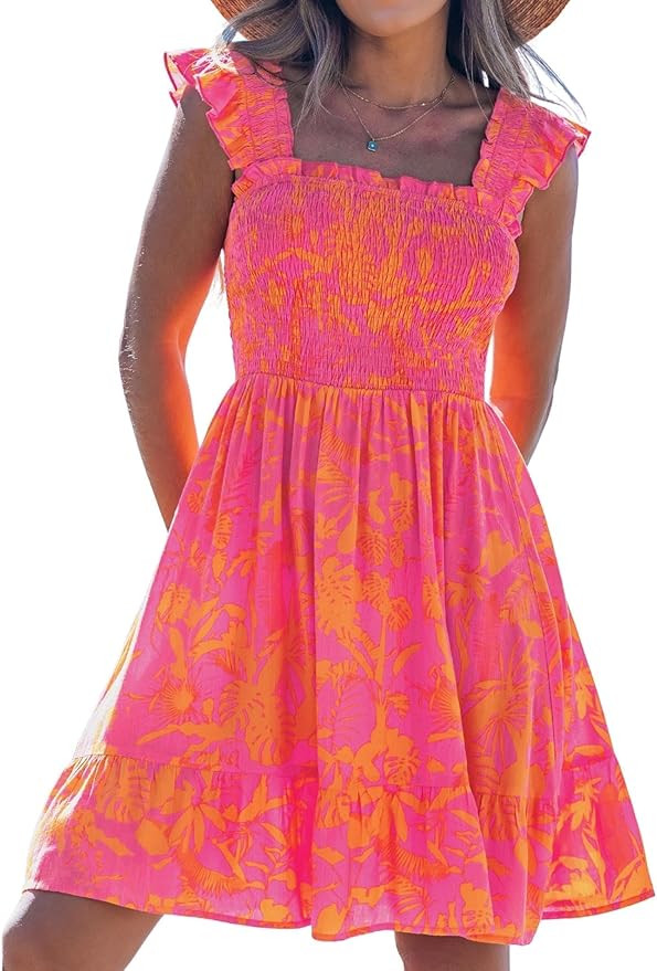 popvil Women Short Dress 2026 Summer Cute A-Line Mini Dress Square Neck Casual Flowy Sleeveless R... | Amazon (US)