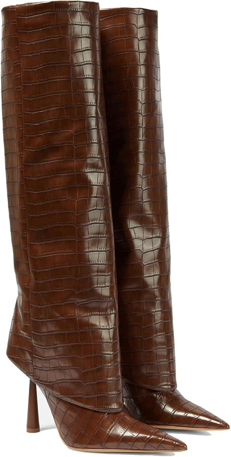 THESHY Women's Pointed Toe Leather Knee High Boots Stiletto High Heel Fold Over Boot Pull-on Shoe... | Amazon (UK)