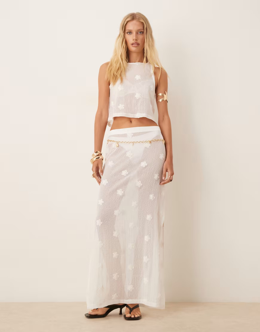 ASOS DESIGN co-ord floral embroidered tie side detail maxi skirt in white | ASOS (Global)