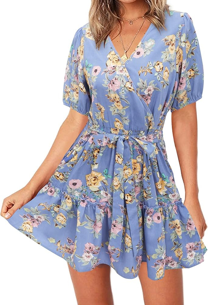 OUGES Women Short Sleeve Wrap Waist V Neck Dress Polka Dot Ruffles Floral Casual Swing Sundress | Amazon (US)
