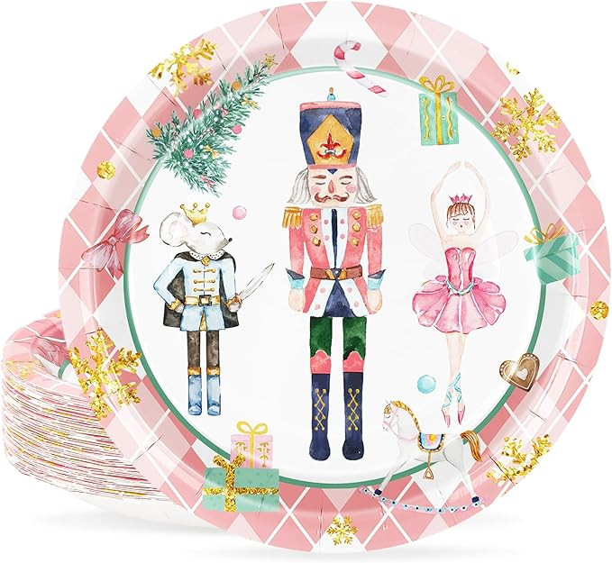 Christmas Paper Plates Pink Nutcracker Plaid Disposable Plates 9 Inch Tableware Dinner Plates for... | Amazon (US)