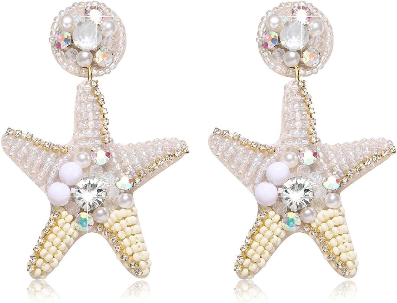 Beaded Starfish Earrings for Women Hypoallergenic Boho Cute Pearl Rhinestone Bead Starfish Dangle... | Amazon (US)