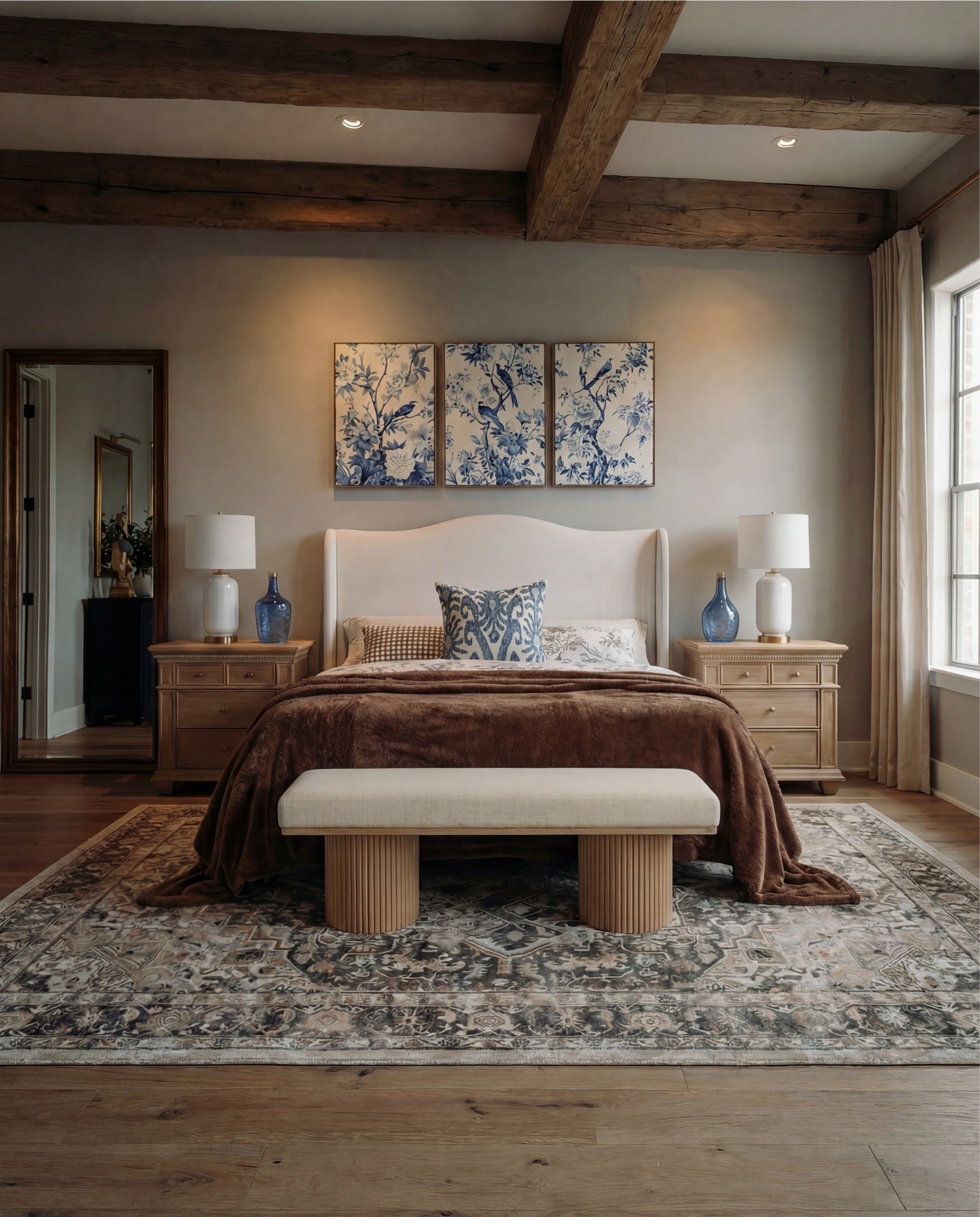 Shop the Look: Bedroom Refresh
This bedroom is grounded, warm, and quietly elegant. Exposed wood ceiling beams add architectural character, while the symmetrical layout creates a sense of balance and calm.

The upholstered bed sits centered between matching wood nightstands, styled with layered neutral bedding and a rich brown throw for depth. Blue-and-white artwork and glass accents introduce contrast without overpowering the neutral palette. A tailored upholstered bench and a muted patterned rug complete the space with softness and structure.

Shop the Look:
• Upholstered bed frame (soft ivory fabric)
• Neutral bedding set (white and light beige)
• Brown throw blanket (plush or wool)
• Blue and ivory accent pillow
• Wood nightstands with drawers (warm oak tone)
• Ceramic table lamps (white base, white shade)
• Blue glass decorative vases
• Framed blue-and-white botanical wall art (set of three)
• Upholstered bench with fluted wood base
• Traditional patterned area rug (beige, taupe, muted blue)
• Floor-length neutral curtains
• Wood ceiling beams (natural stained finish)
• Brass decor bowl all catch
• White and blue decor beads 

#LTKSpringSale #LTKHome #LTKSaleAlert