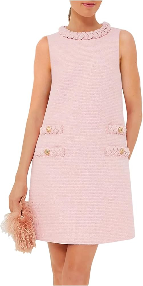 Women's Tweed Jackie Dress Crew Neck Sleeveless Elegant Vintage Button Bodycon A-line Mini Dresse... | Amazon (US)