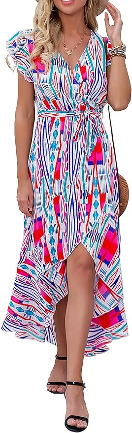 GRECERELLE Women's Summer Floral Print Cross V Neck Dress Bohemian Flowy Long Maxi Dresses | Amazon (US)