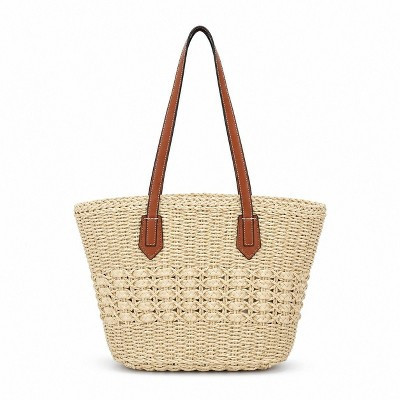 Alilang Woven Straw Tote Bag with Zip Closure Small Interior Pocket and Leather Handles, Beige | Target
