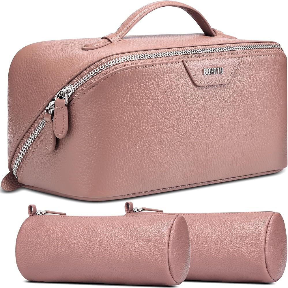 BOYATU Genuine Leather Travel Makeup Bag: Large Capacity 3 Pcs Set Cosmetic Bags for Women - Desi... | Amazon (US)