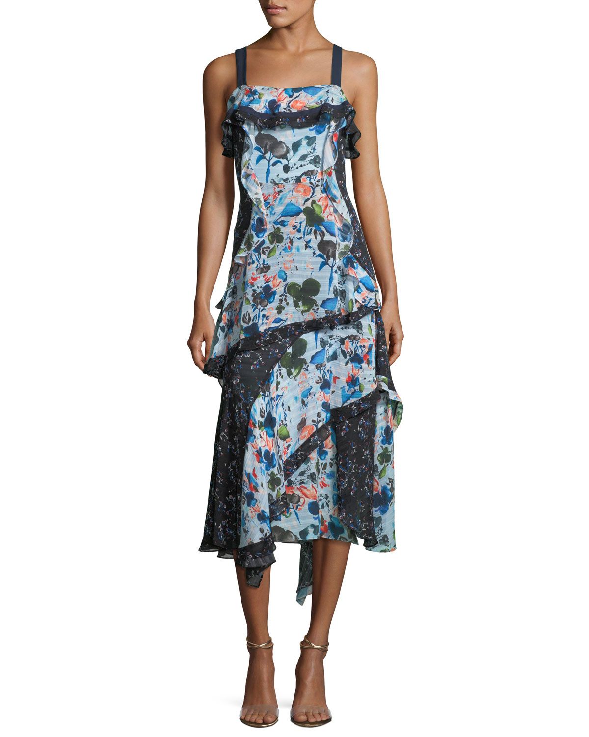 Watercolor Floral-Print Sleeveless Tiered Midi Dress | Neiman Marcus